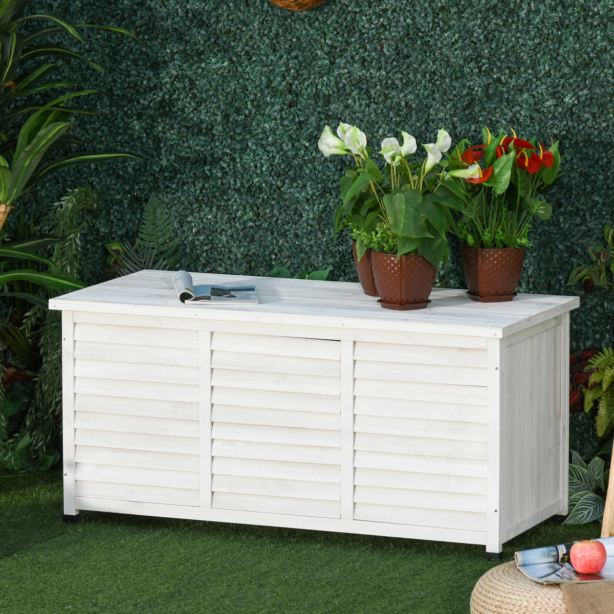 Coffre de rangement extérieur malle de rangement en bois 283L 2 chaînes 127 x 56 x 60 cm blanc-1