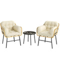 Salon de Jardin Extérieur 3 Pièces en Résine Tressée, Table en Verre Trempé, 2 Fauteuils avec Coussins, 62x73x79cm, Crème-0