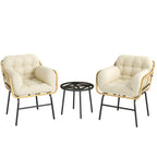 Salon de Jardin Extérieur 3 Pièces en Résine Tressée, Table en Verre Trempé, 2 Fauteuils avec Coussins, 62x73x79cm, Crème-0