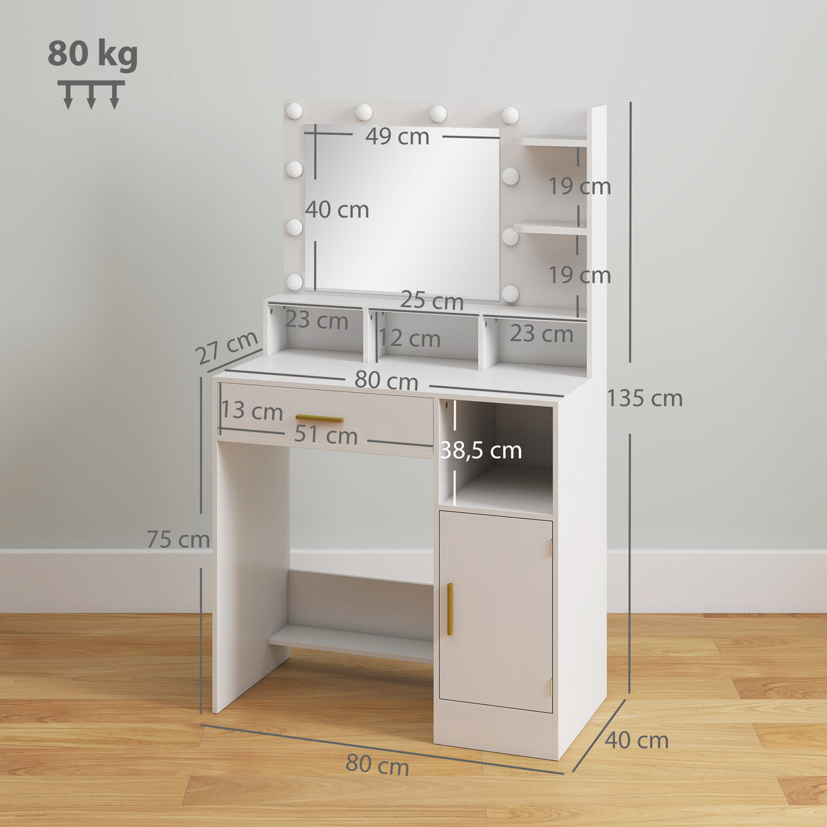 Coiffeuse avec miroir et 10 lumières LED, luminosité réglable, tiroir, placard et étagères ouvertes, 80x40x135cm, blanc-2