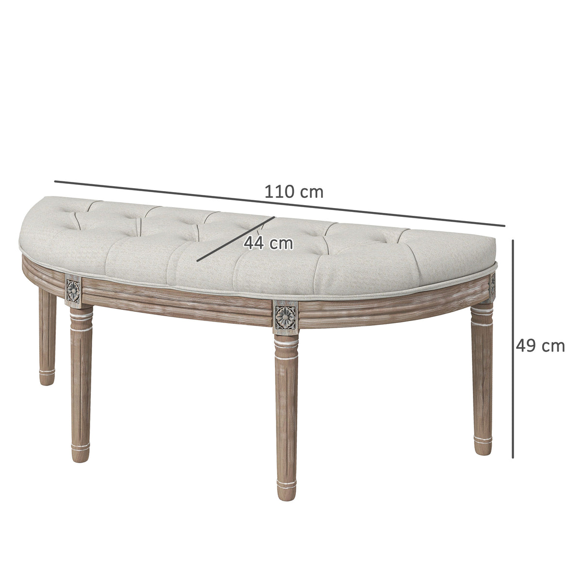 Banc bout de lit en forme demi-lune style Louis XVI structure en bois massif sculpté siège en tissu aspect lin crème-2
