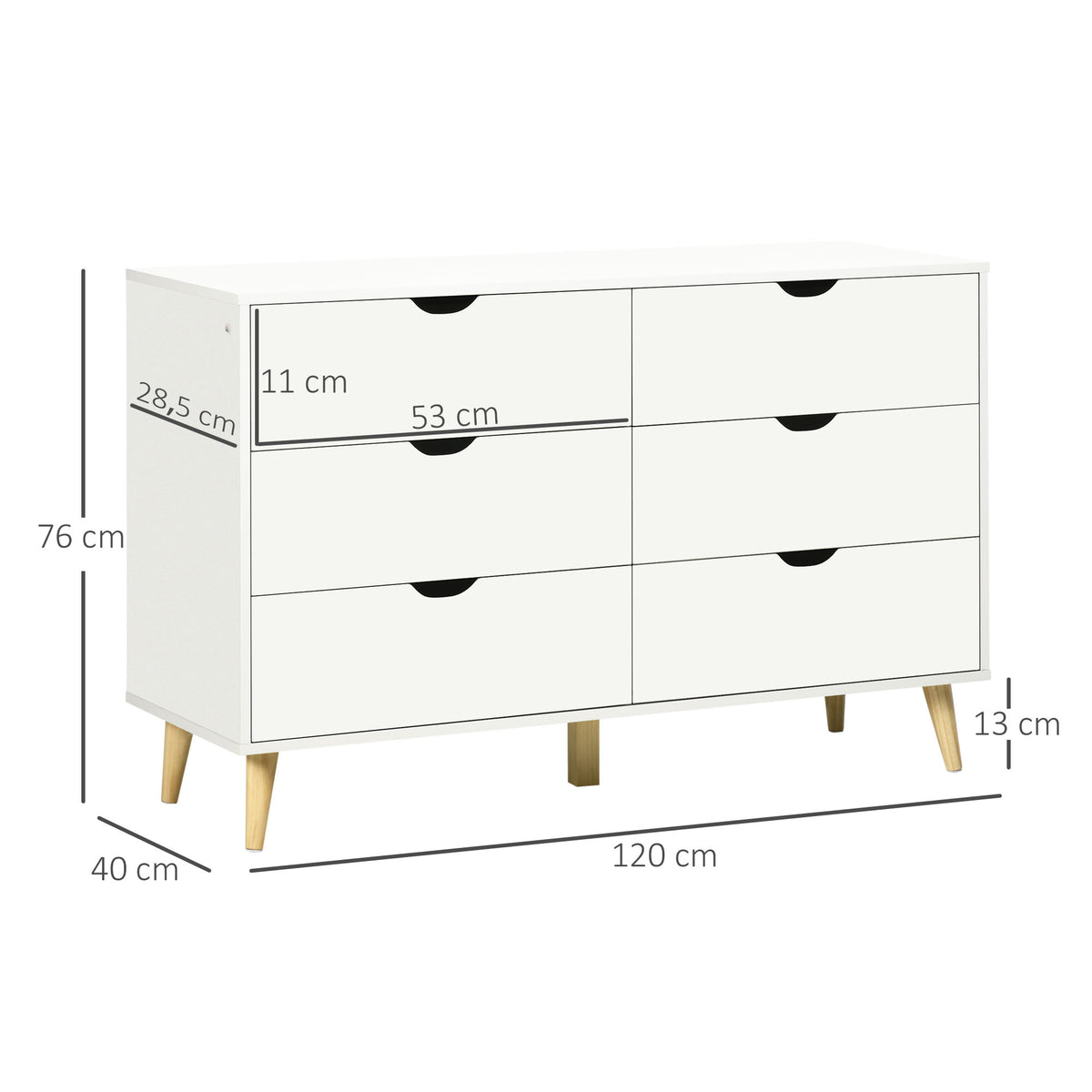 Commode 6 tiroirs meuble de rangement 5 pieds biseautés en bois 120 x 40 x 76 cm blanc-2