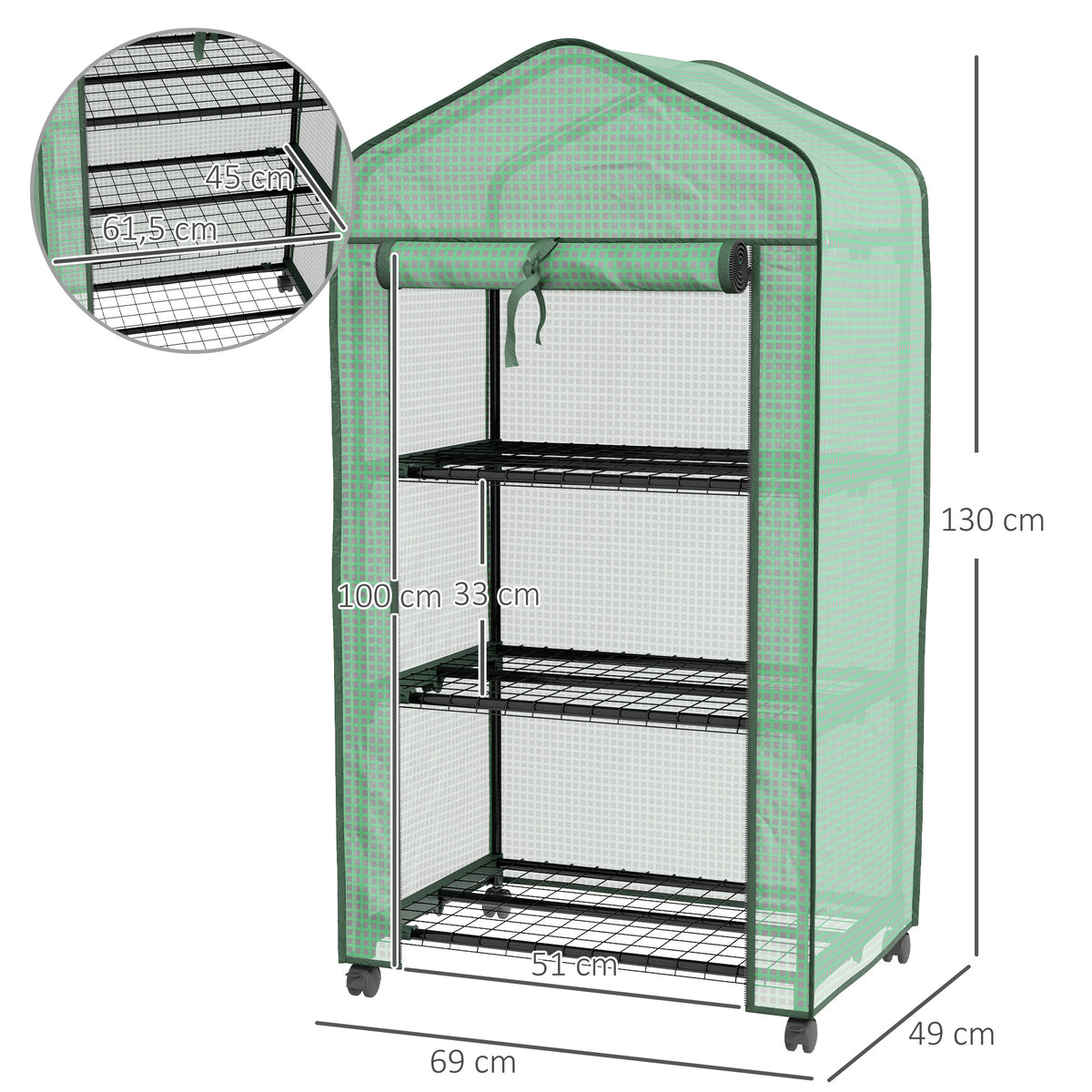 Mini serre de jardin avec 3 étagères, bâche PE haute densité, porte enroulable, 4 roulettes, dim. 69L x 49l x 130H cm-2