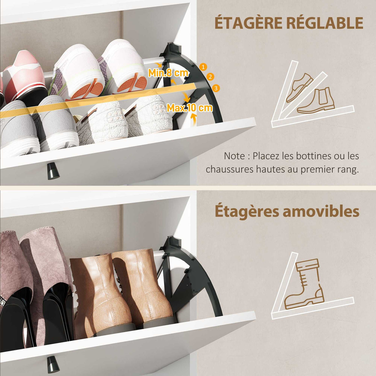 Meuble à chaussures 16 paires, armoire à chaussures avec 2 tiroirs rabattables, étagères réglables, 80x24x101cm, blanc-4
