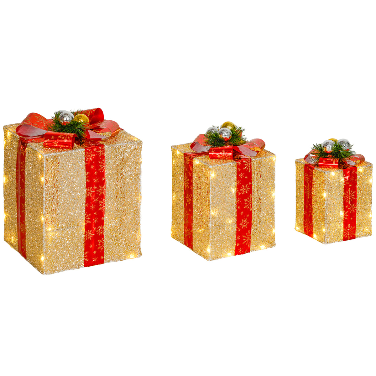 Boîtes cadeaux Noël lumineuse décorations de Noël avec nœud 58 lumières lot de 3 boîtes à cadeaux à LED or-0
