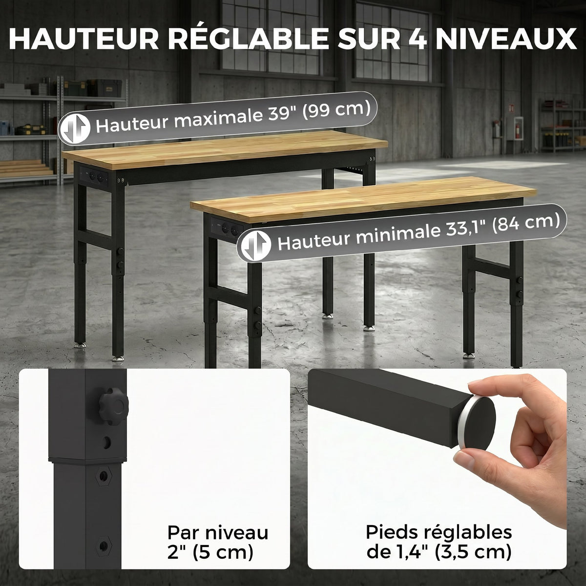 Établi d'Atelier Réglable, 121,9x50,8x79-99cm, Charge 900 kg, 2 Prises et 2 Ports USB, Panneau Perforé, Noir-5
