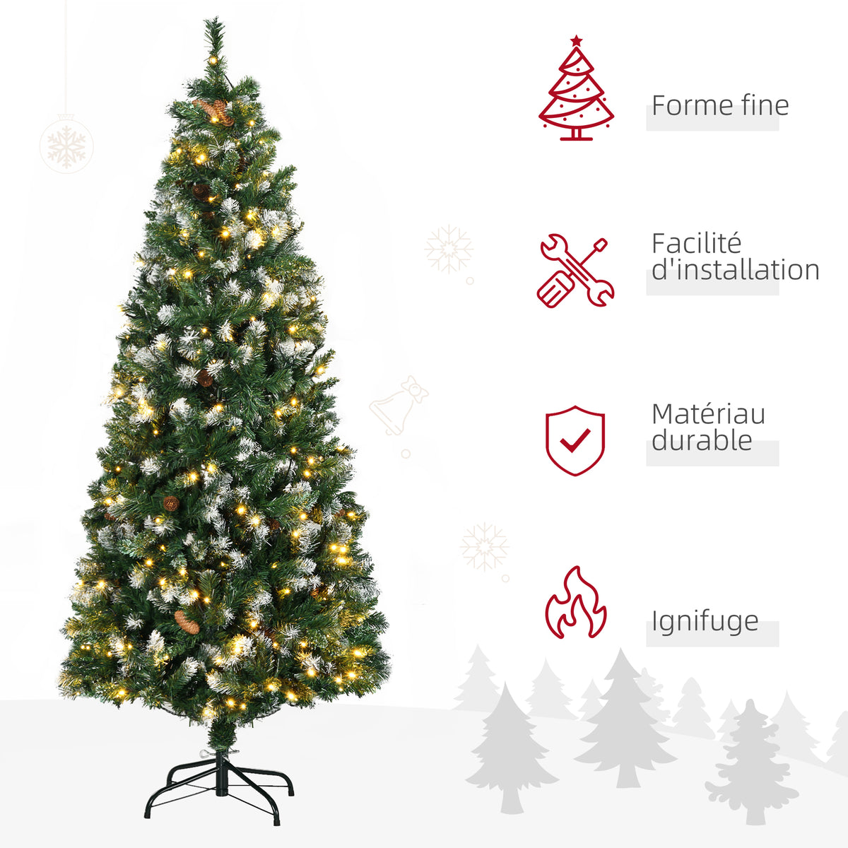 Sapin de Noël artificiel lumineux 703 branches 250 LED 30 pommes de pin support pied pliable hauteur 180 cm Ø 80 vert-3