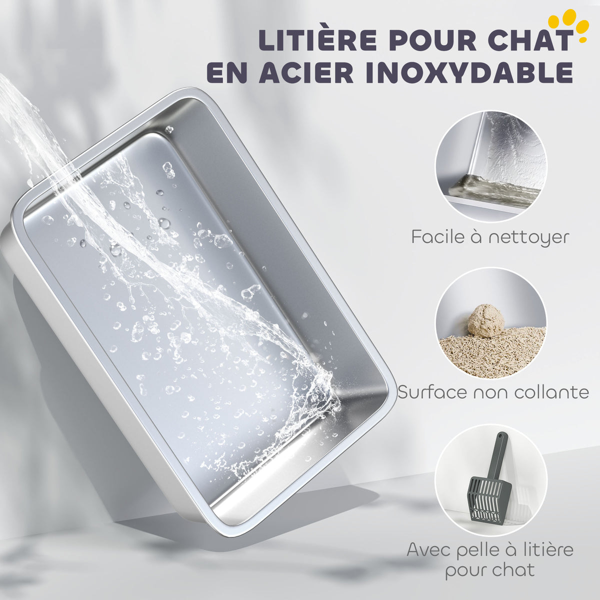 Bac à litière pour chat en acier inoxydable 85L grande capacité maison de toilette semi-fermée, 71 x 50,8 x 35,5 cm gris-3