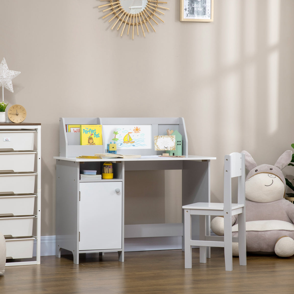 Ensemble table et chaise pour enfant avec tableau blanc - bureau pour enfant +5 ans - 90L x 45l x 85H cm Gris-9