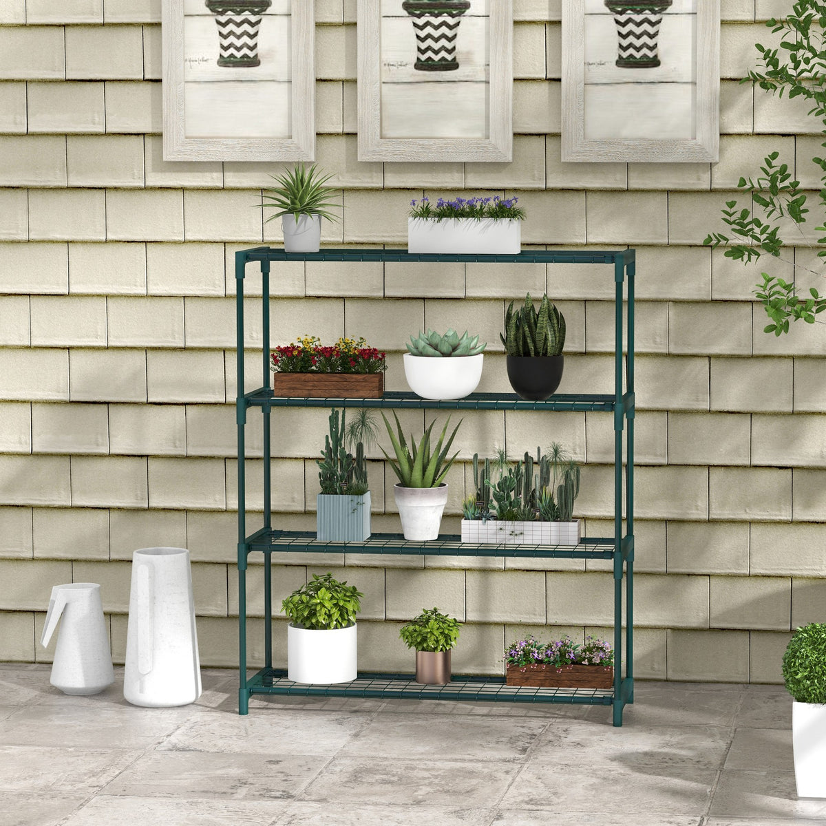 Étagère à fleurs supports porte plante 4 niveaux, intérieur et extérieur en acier, dim. 89L x 28l x 107H cm, vert-9