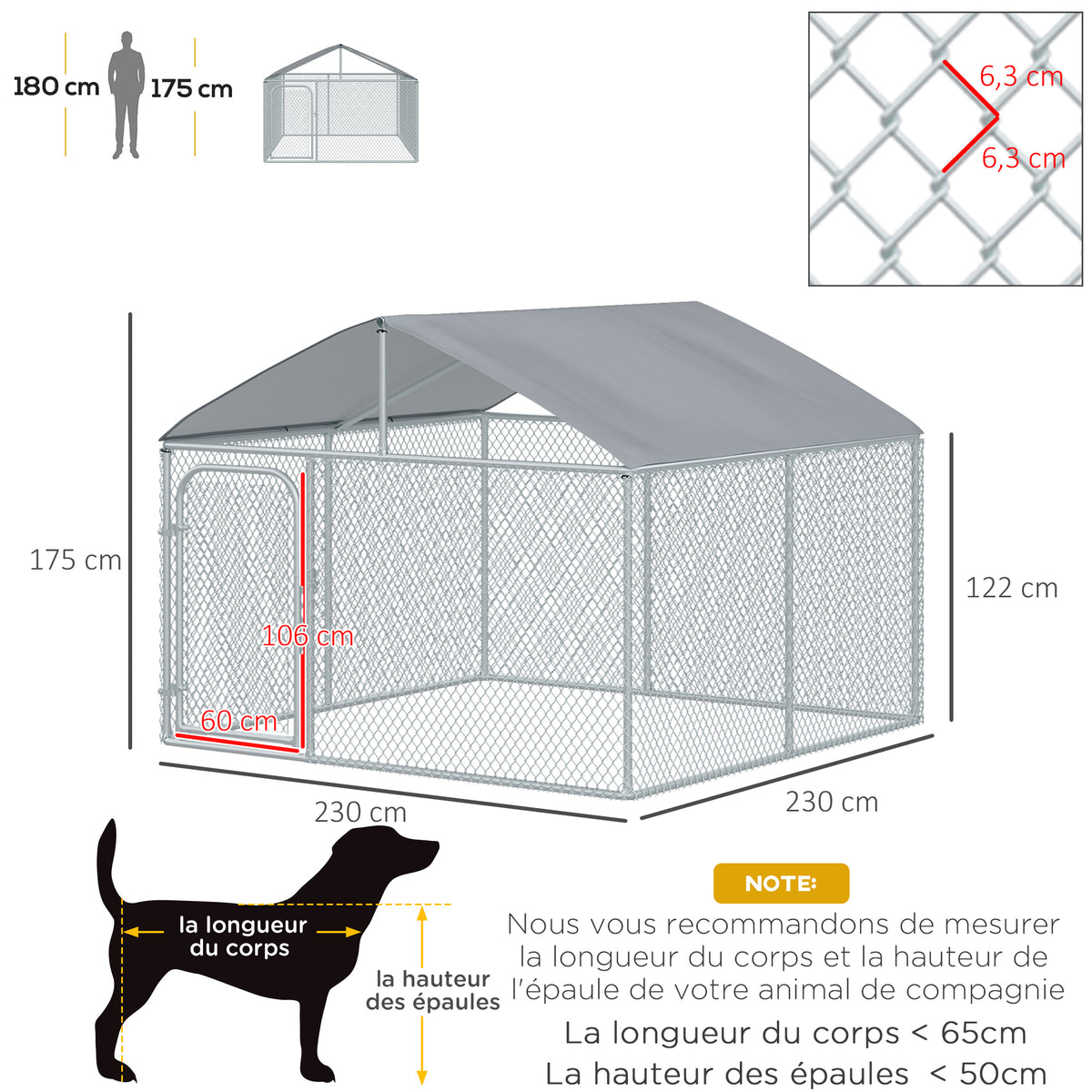 Chenil extérieur avec toit pour chien 5 m² parc grillagé espace couvert acier galvanisé 230 x 230 x 175 cm-2