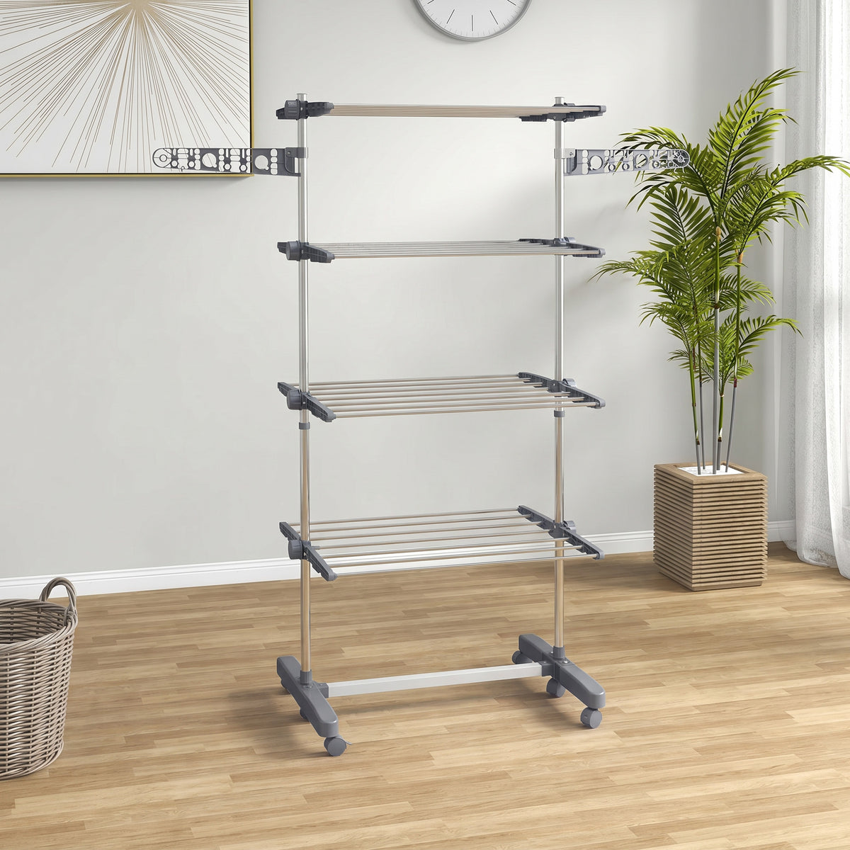 Séchoir à Linge étendoir pliable ailes latérales utilisation intérieure et extérieure 142 x 55 x 172 cm 4 niveaux gris-1