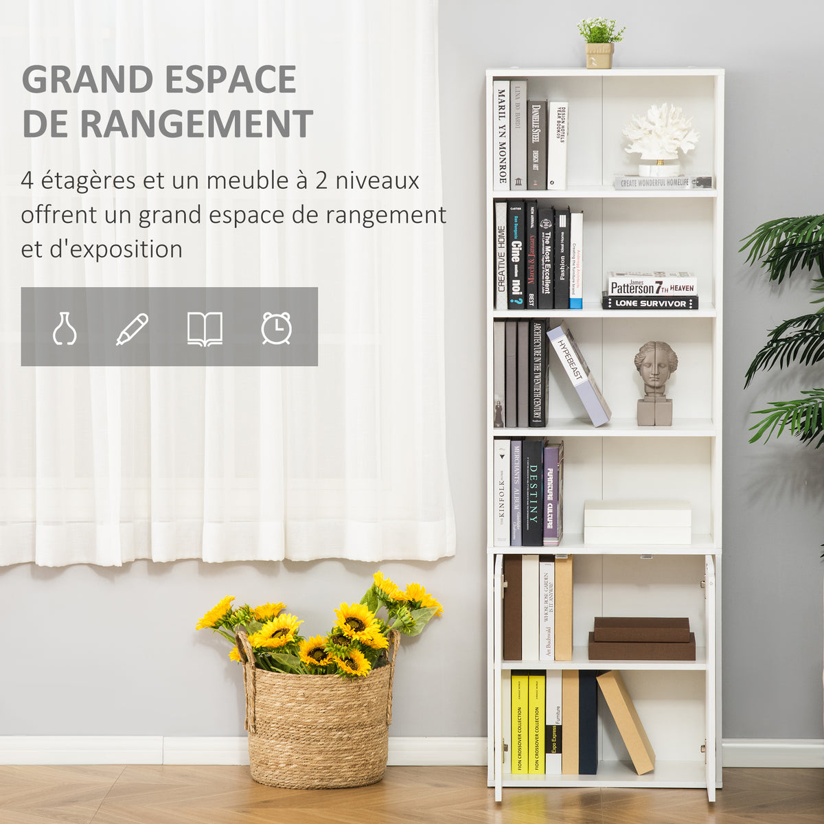 Bibliothèque Armoire à livres avec 4 compartiments ouverts et 2 portes pour le salon et le bureau 59x29x180 cm Blanc-3