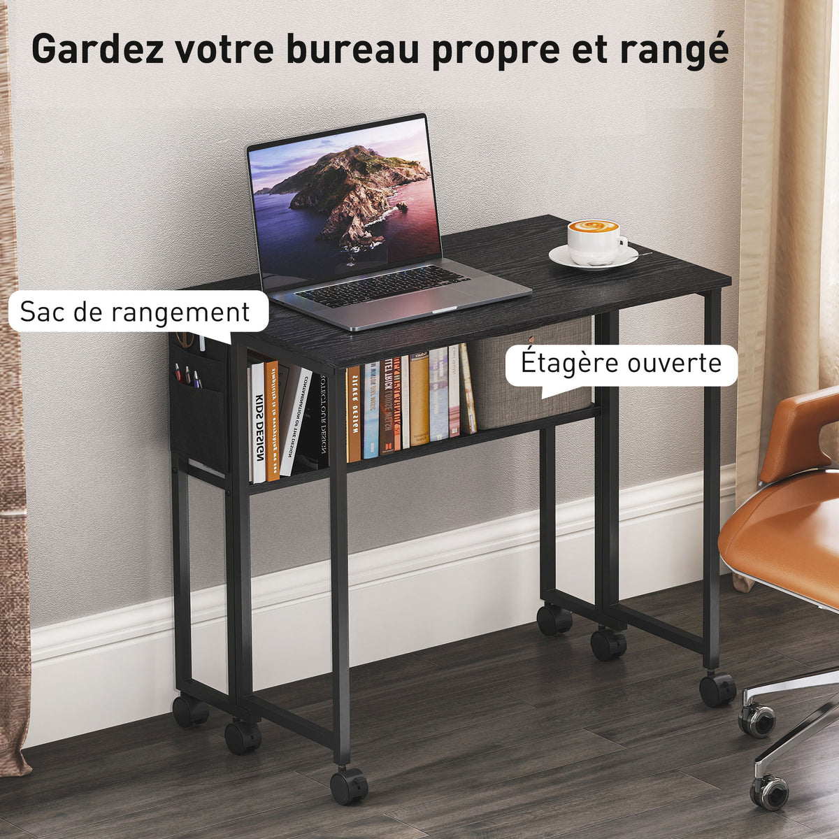 Bureau pliable sur roulettes 80 x 50 cm avec étagère et sac de rangement, noir-4
