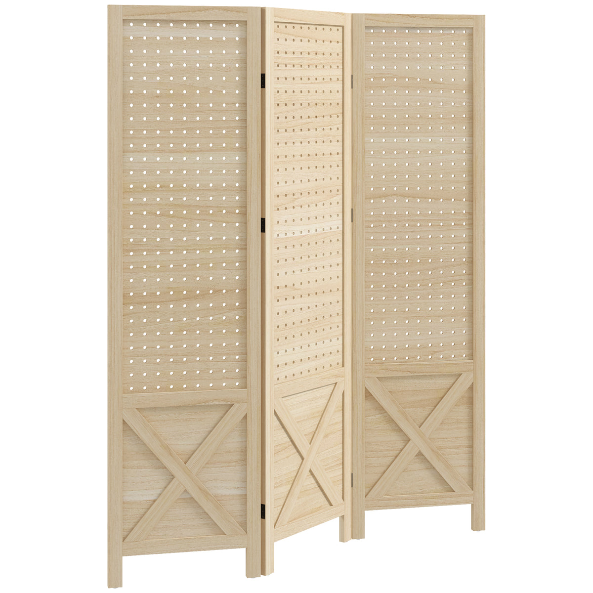 Paravent intérieur en bois 3 panneaux séparateur de pièce pliable panneau perforé 114 x 1,7 x 144,5 cm bois naturel-0