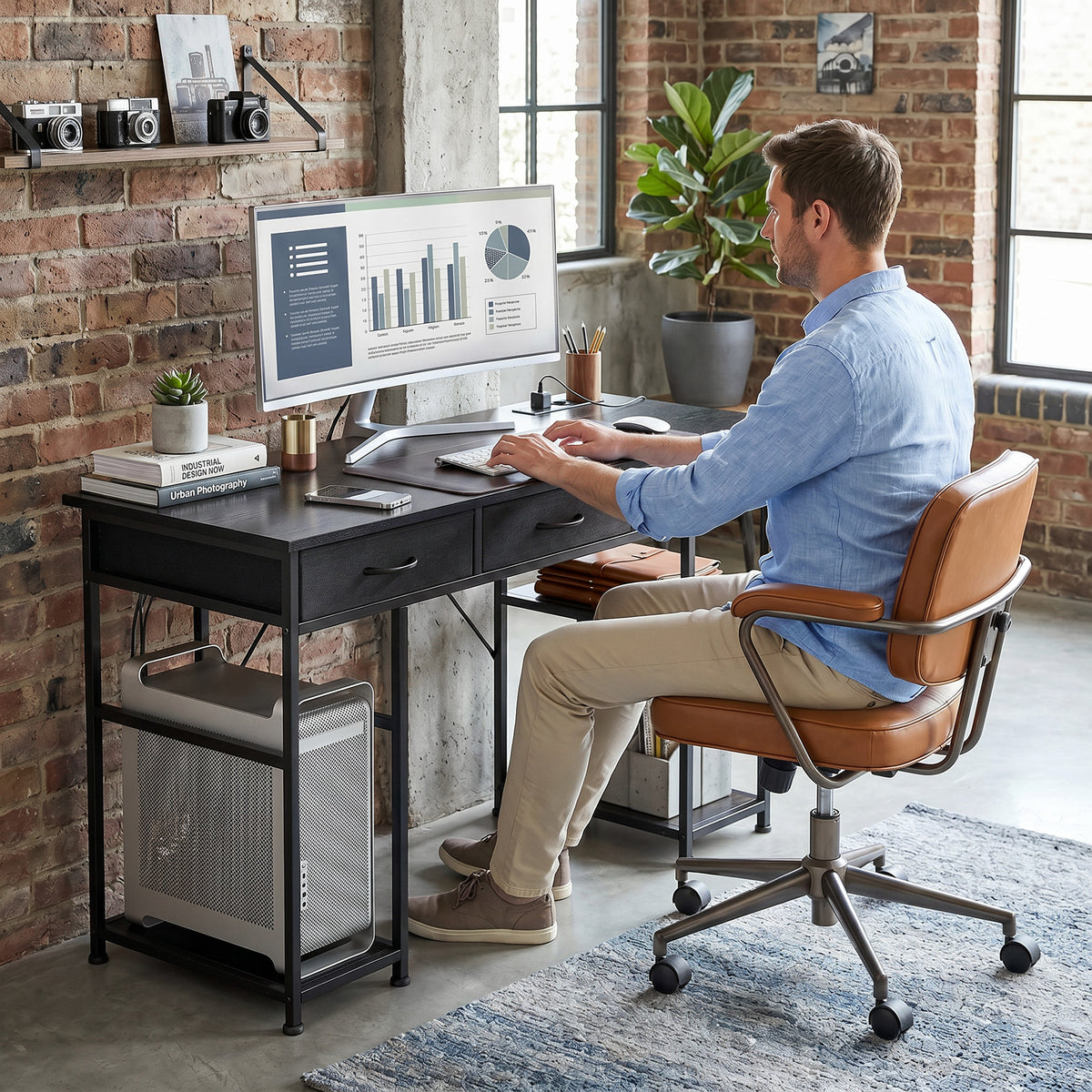 Bureau avec rangement avec prises de courant, 3 tiroirs en tissu et 4 étagères de rangement, 120 x 40 x 76 cm, noir-7