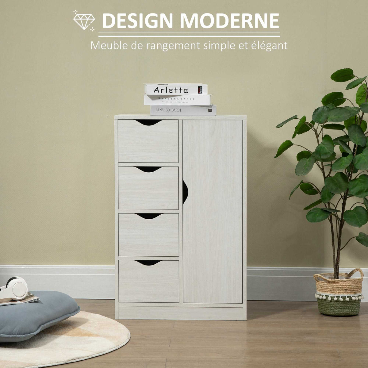 Meuble de rangement buffet commode moderne 1 placard et 4 tiroirs - en bois - pour salon, cuisine, entrée, salle à manger - blanc-3