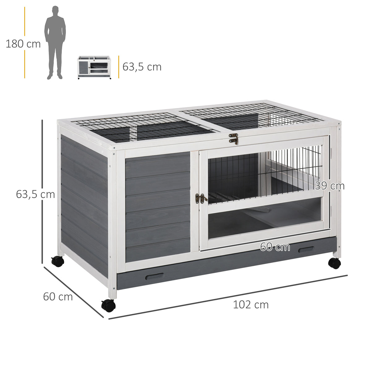 Clapier en bois cage à lapin villa pour lapin avec plateau coulissant, porte verrouillable, dessus ouvrable gris-2