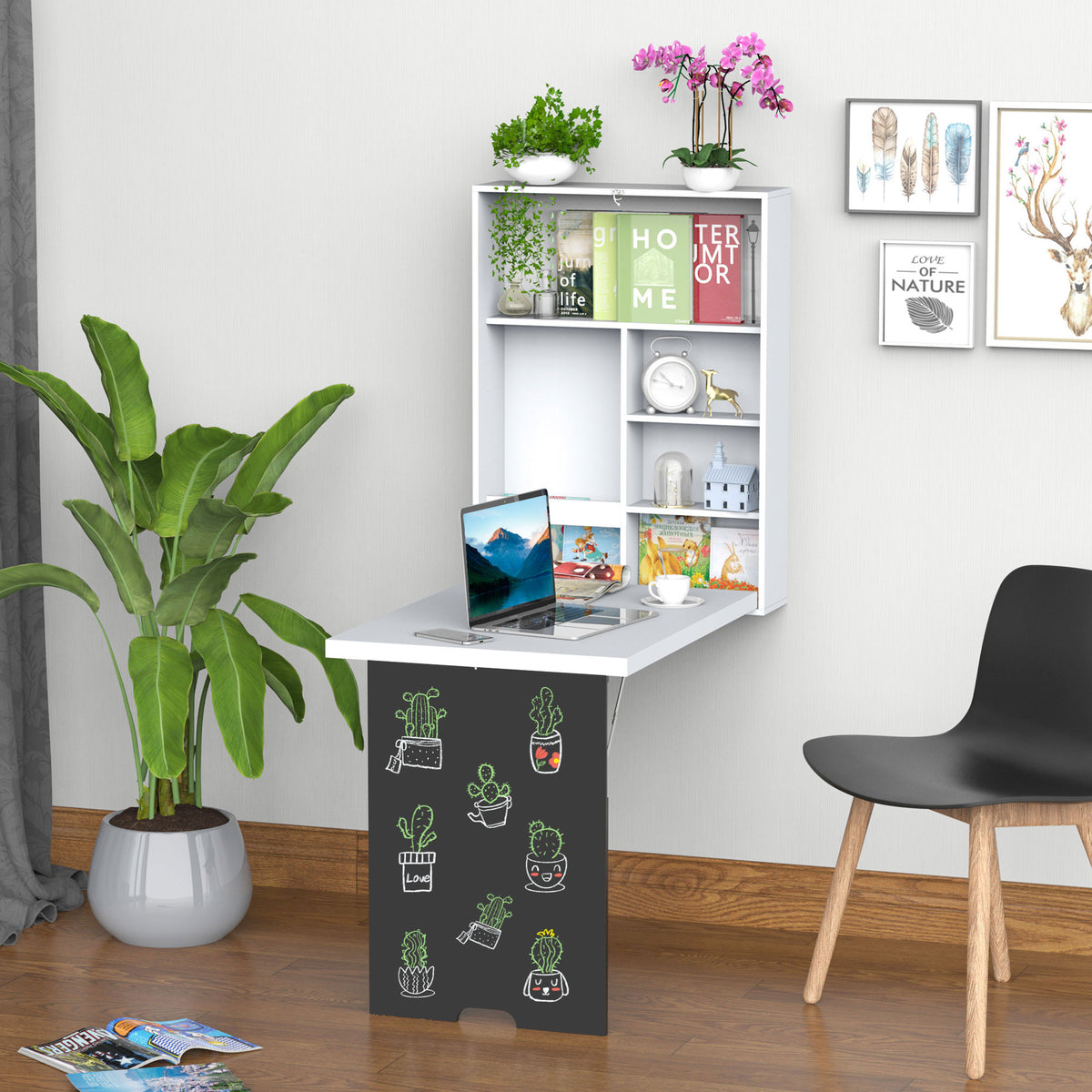 Bureau Mural Pliable Table Murale Rabattable Suspendue sur Pied étagère + Tableau à Craie intégré MDF Blanc-1