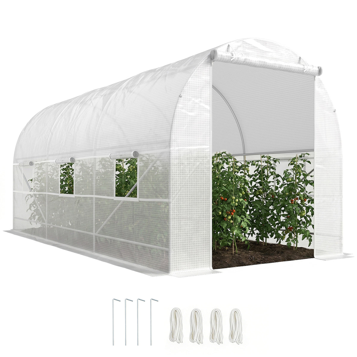 Serre tunnel de jardin 9m², serre de jardin tunnel avec porte et 6 fenêtres, bâche PE 140 g/m² 445 x 200 x 200 cm blanc-0