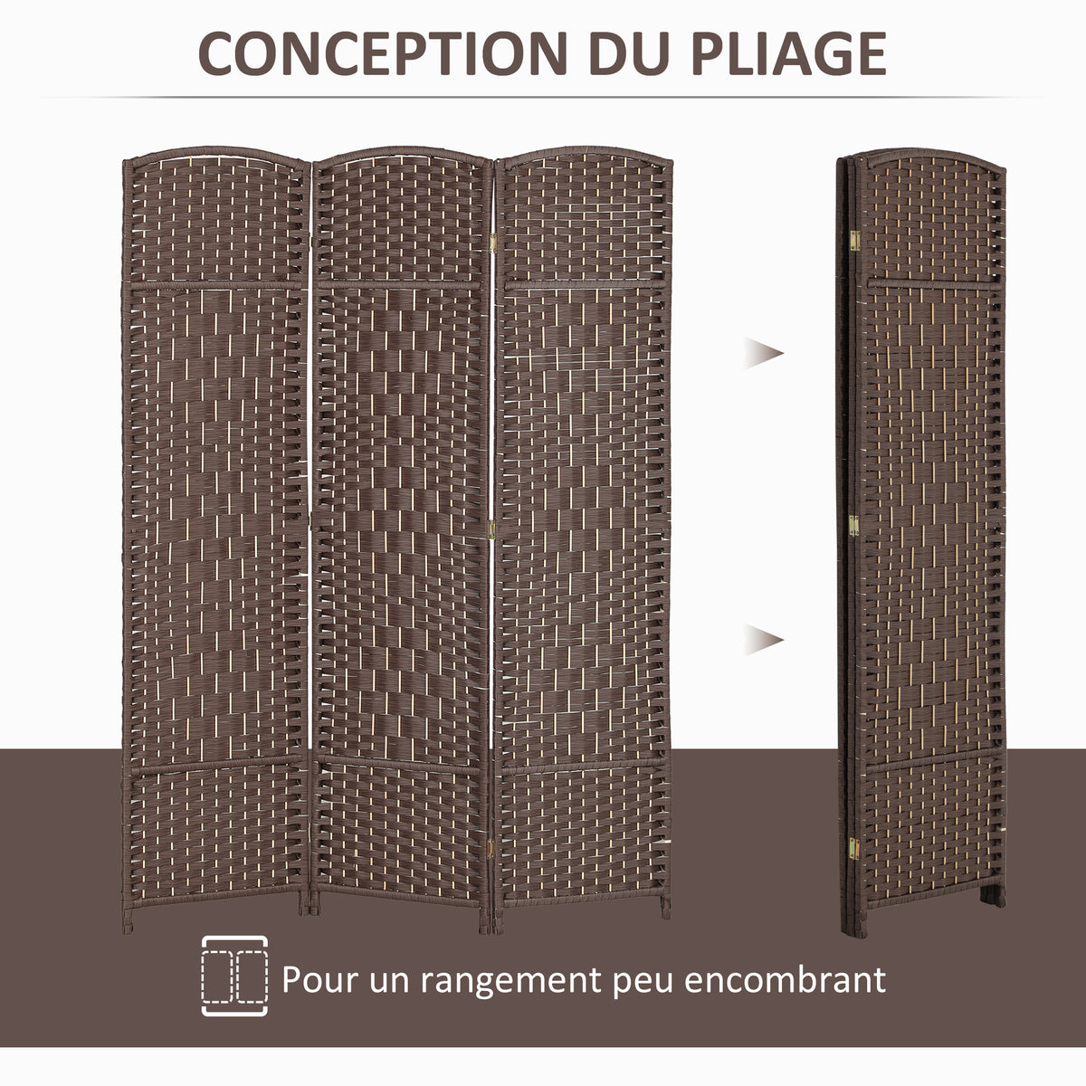 Paravent intérieur en bois 3 panneaux séparateur de pièce pliable pour salon chambre 135 x 180 cm marron-3