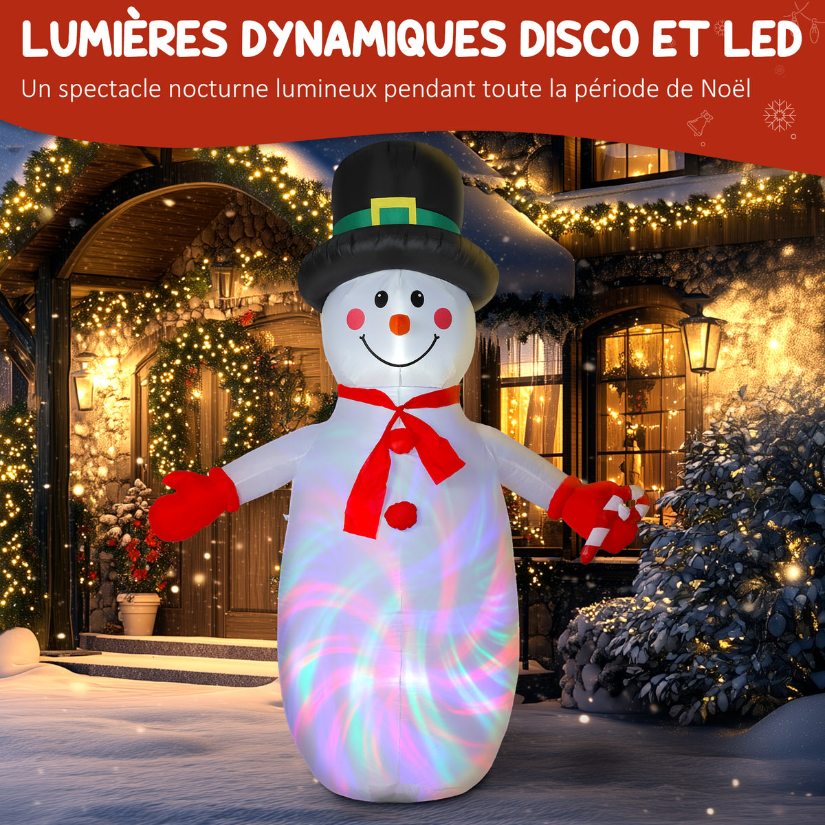 Bonhomme de neige gonflable de Noël, 240 cm, décoration gonflables de Noël avec lumières LED, 177x78x240cm, multicolore-3