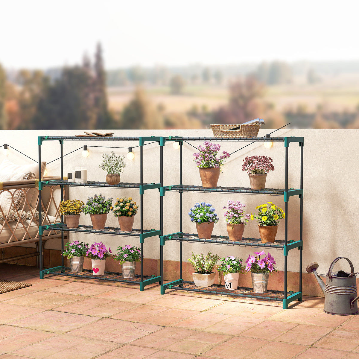 Lot de 2 Étagères à Plantes 4 Niveaux Intérieur Extérieur, Supports pour Plantes en Métal, 90 x 28 x 104 cm, Vert-9