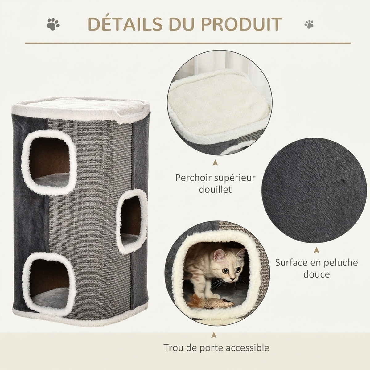 Tonneau à Gratter pour Chat 3 Niveaux en Peluche et Sisal, 3 Zones, 2 Grands Trous Interconnectés, 40x40x74cm, Gris-5