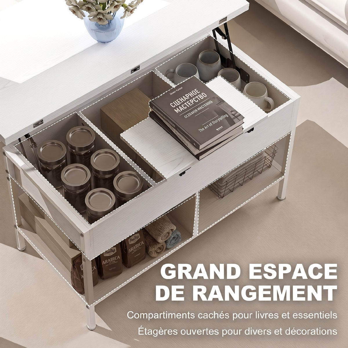 Table basse relevable et extensible, table de salon avec compartiment caché étagères ouvertes, 98x49x55cm, blanc-4