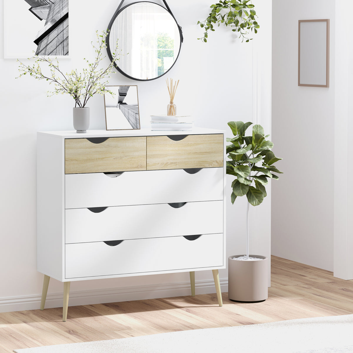 Commode 5 tiroirs Design scandinave Meuble de Rangement Chambre Panneau de Particules 99 x 39 x 101 cm Blanc Aspect chêne Clair-1
