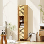 Armoire salle de bain, meuble de rangement colonne, portes en bambou, étagères réglables, 32x30x170cm, bois naturel-1