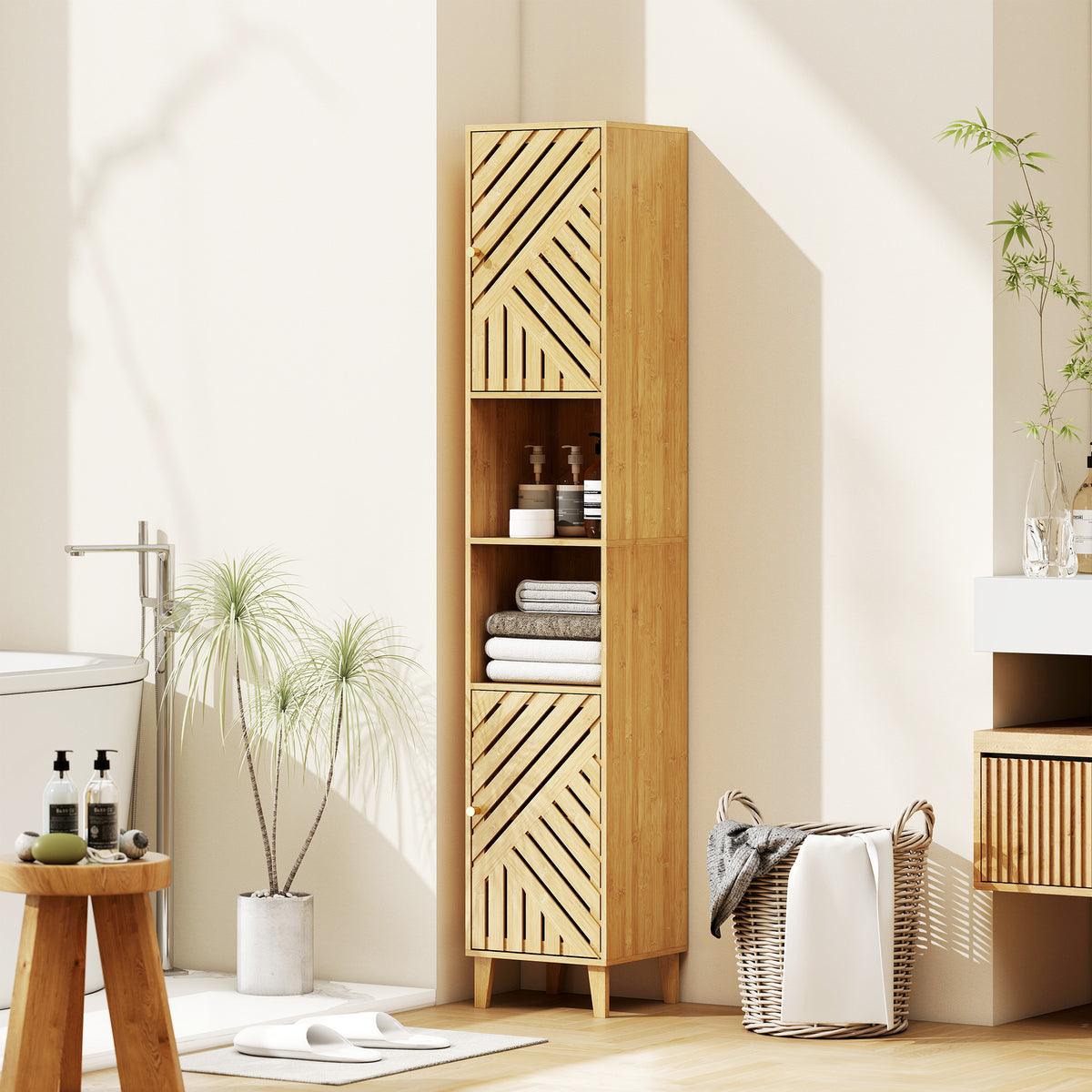 Armoire salle de bain, meuble de rangement colonne, portes en bambou, étagères réglables, 32x30x170cm, bois naturel-1