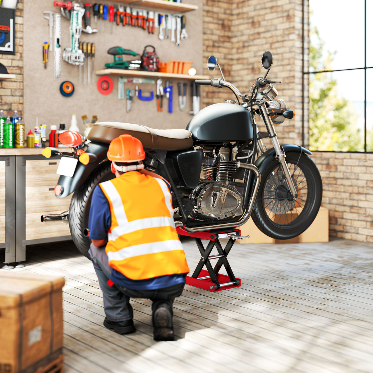 Cric de Moto à Ciseaux 500 kg, Hauteur de Levage 10-37 cm - Lève-Moto en Acier avec Plateforme Antidérapante - Béquille d'Atelier Tout-Terrain pour Entretien Atelier, Rouge-6