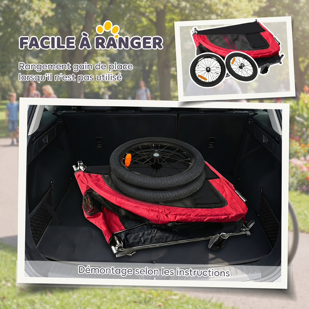 Remorque Vélo Chien 2-en-1 pour Chien Moyen avec Suspension, Pneus à Dégagement Rapide, Réflecteurs, 160x71x101cm, Rouge-5