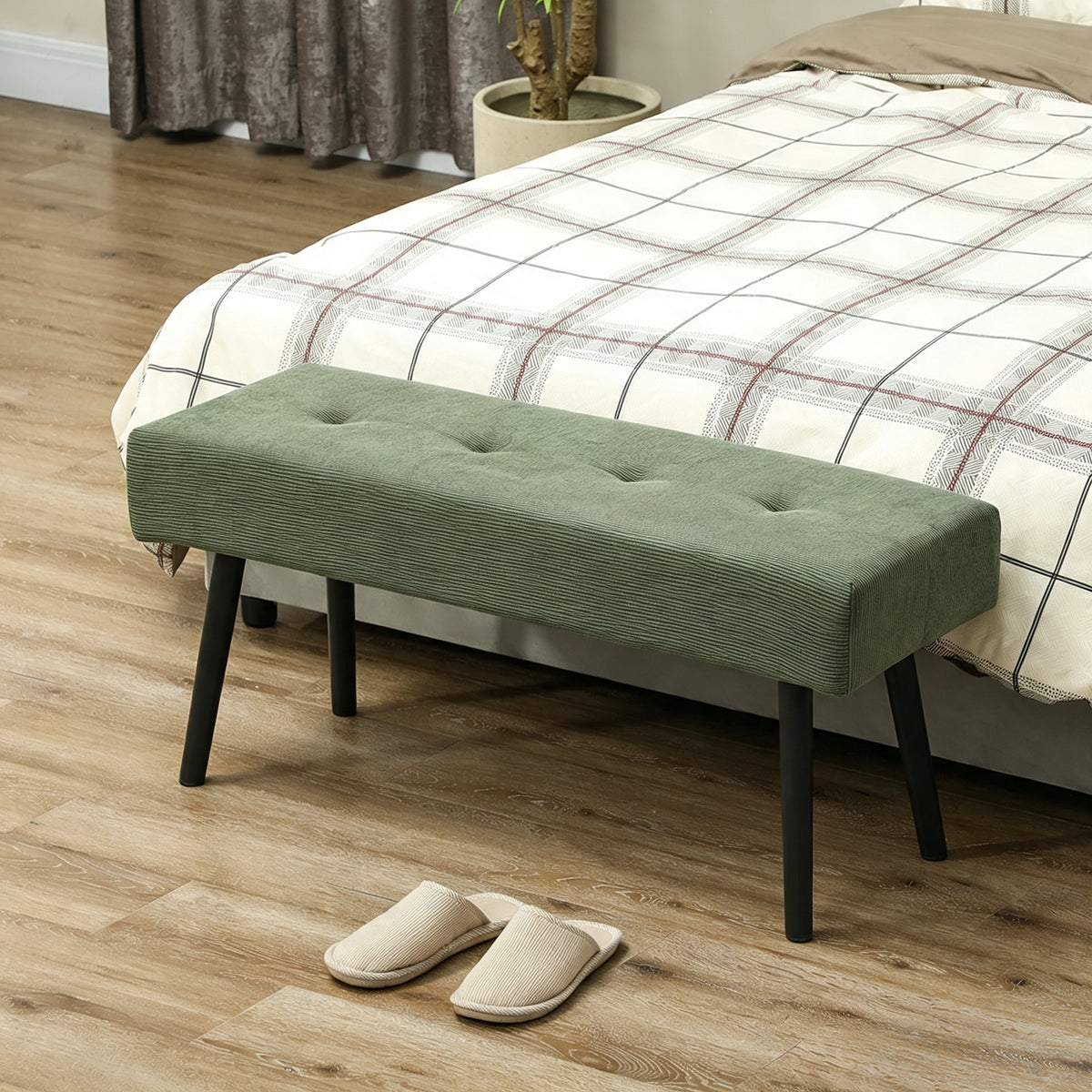 Banc banquette bout de lit rembourré en velours côtelé et pieds en acier noir charge 220 Kg 100 x 36 x 45 cm vert-1