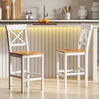 Lot de 2 tabourets de bar, chaises hautes campagne, dossier haut et repose-pieds, 41x46x97,5cm, blanc et bois naturel-7
