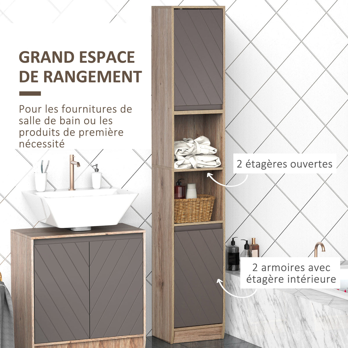 Meuble colonne salle de bain à 6 niveaux, meuble de rangement étroit avec 2 portes, 2 compartiments ouverts et étagère réglable, pour toilette, petits espaces, 30 x 24 x 170 cm gris et chêne-3
