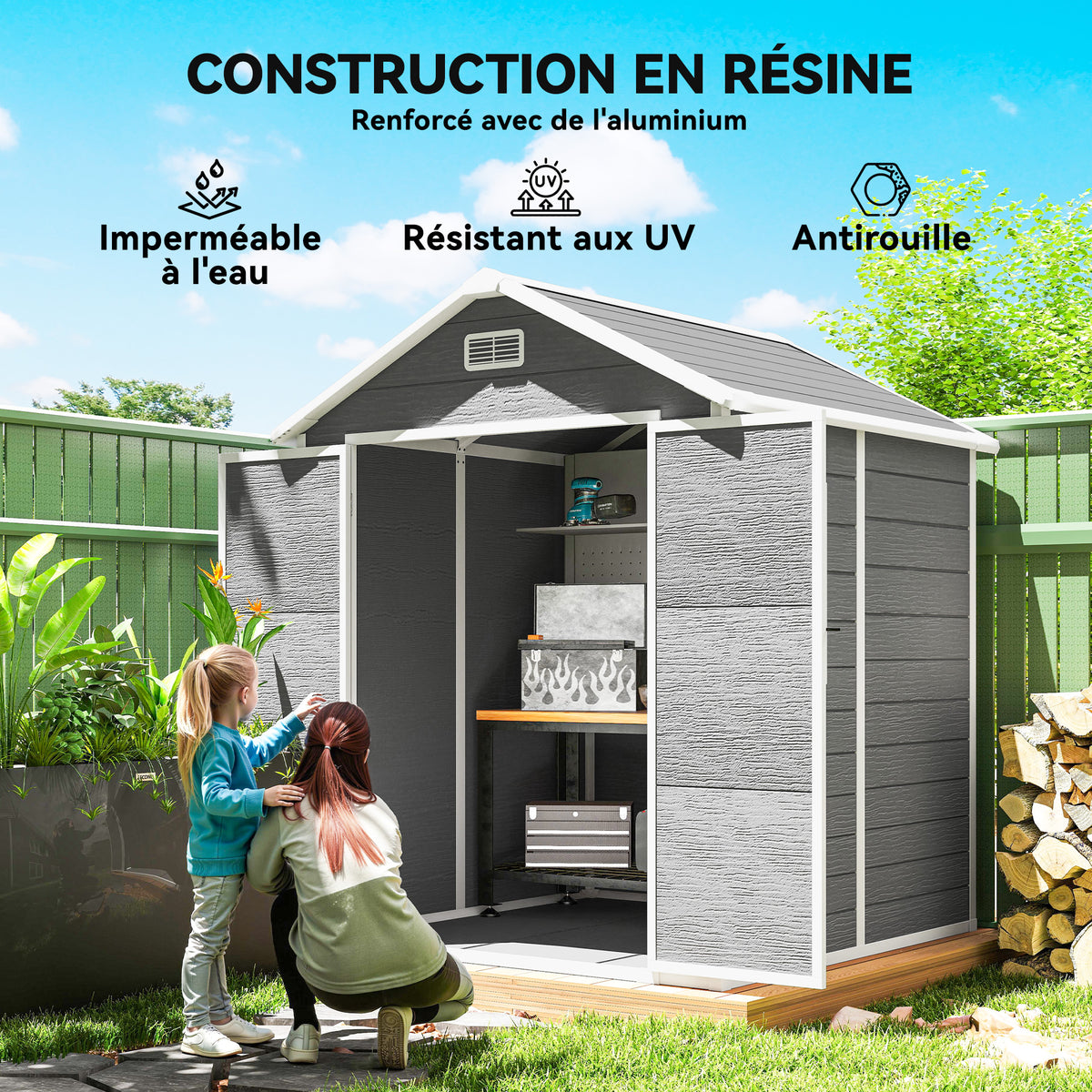 Abri de jardin en résine 2,7 m² avec plancher portes à loquet 3 fenêtre structure en aluminium 240 x 190 x 228 cm gris-3