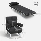 Fauteuil chauffeuse canapé-lit Convertible inclinable 1 Place Coussin lombaires accoudoirs piètement métal Lin Noir-2