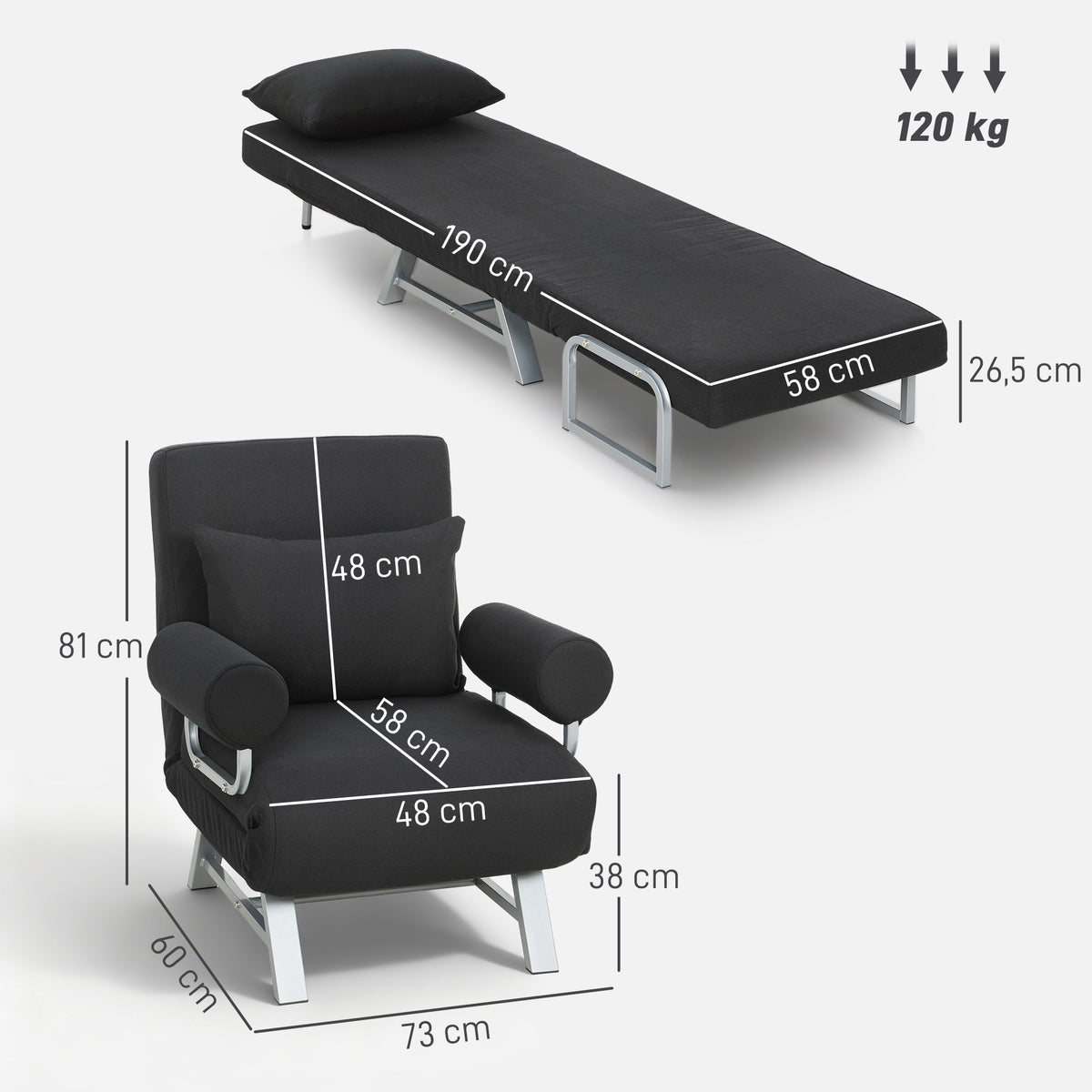 Fauteuil chauffeuse canapé-lit Convertible inclinable 1 Place Coussin lombaires accoudoirs piètement métal Lin Noir-2