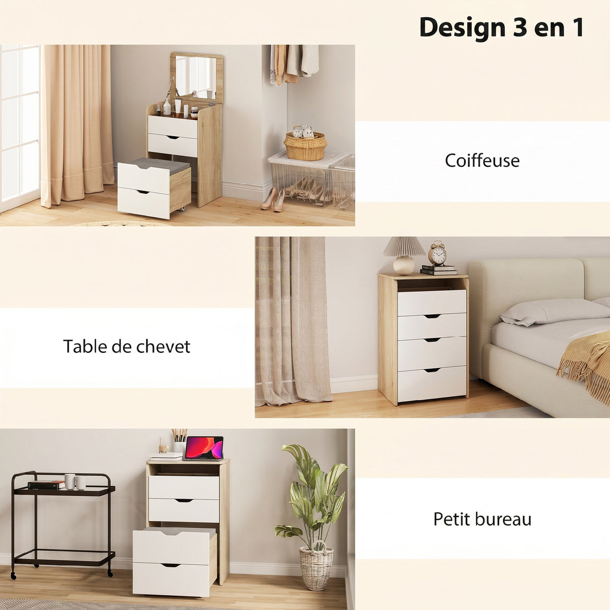 Coiffeuse avec miroir rabattable et tabouret de rangement, table de maquillage, 2 tiroirs, siège rembourré, chêne blanc-3