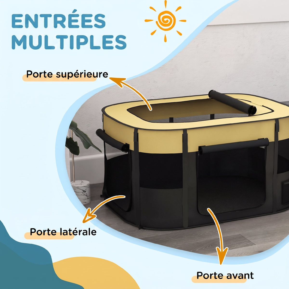 Parc pliable pour animaux de compagnie parc pour chiots en tissu Oxford avec fenêtres et portes sac de rangement jaune-4