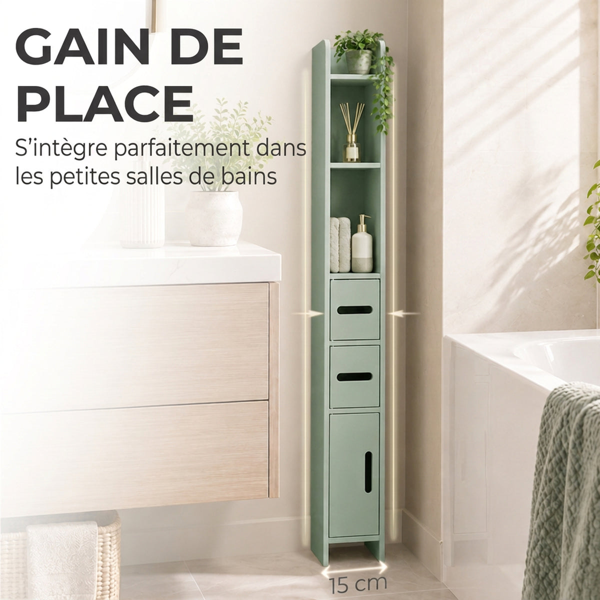 Meuble Colonne de Salle de Bain, Armoire Toilette Haute avec Étagères et Placards - 15 x 17 x 120 cm, Vert Clair-3