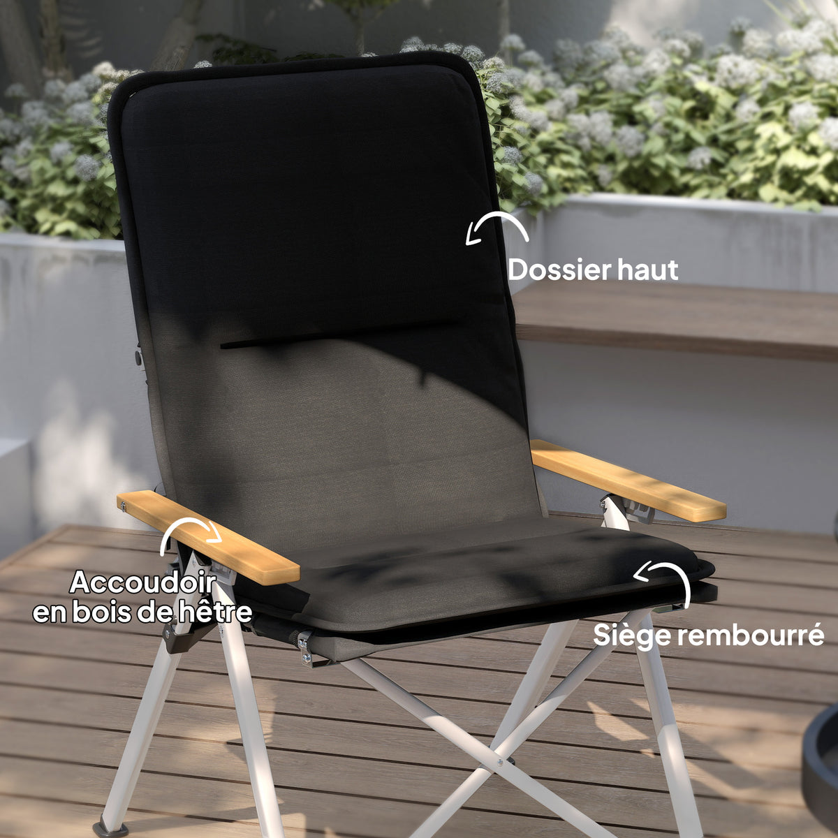 Chaise de camping chaise de pêche pliante, dossier haut, coussin amovible et sac de transport, 59x67x96cm, noir-5
