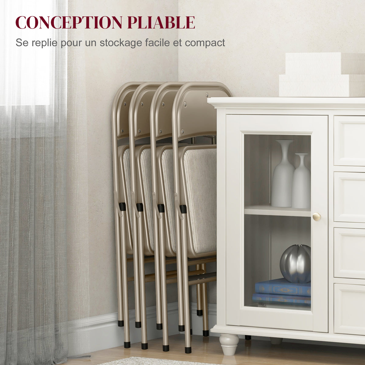 Lot de 4 chaises pliantes chaises de salle à manger portables cadre en acier dim. 45l x 46P x 78H cm beige-5