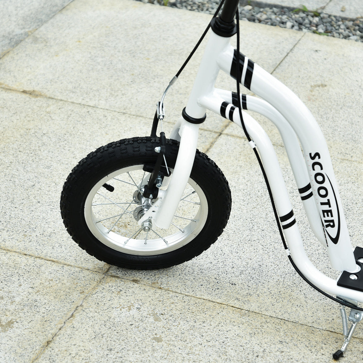 Trottinette enfants, grandes roues pneumatiques 12 pouce en caoutchouc, charge 100 kg, trottinette tout terrain avec double freins, hauteur réglable et béquille latérale, 5 à 12 ans, blanc-7