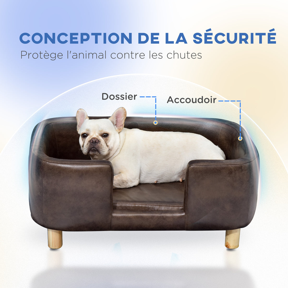 Canapé chien lit pour chien chat avec rebord coussin moelleux pieds bois massif dim. 74 x 48,5 x 31 cm revêtement micro-fibre chocolat-4