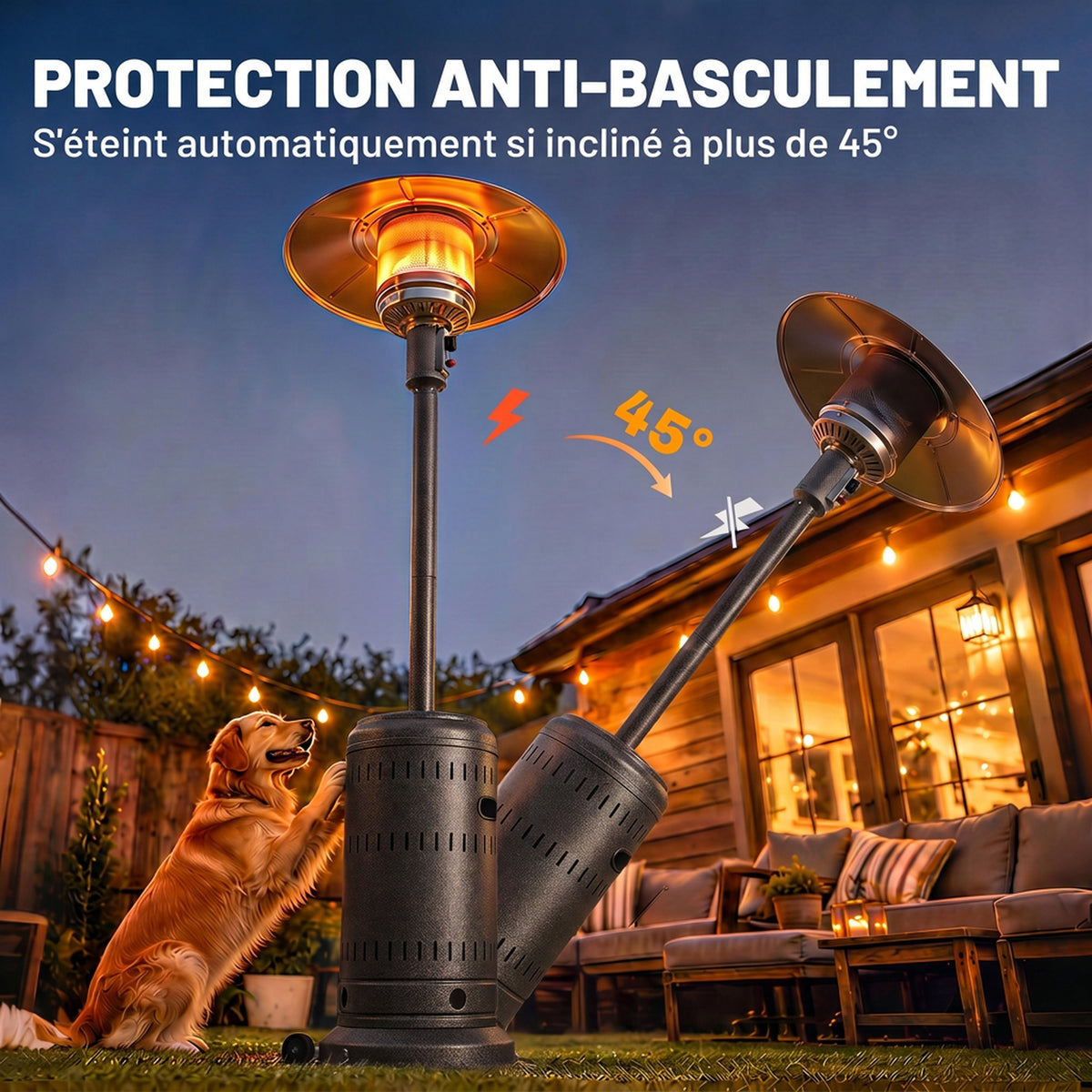 Chauffage Extérieur Terrasse Portable 13 kW, Niveaux de Chauffe Réglables, Anti-Basculement, 82x82x223cm, Marron Foncé-4