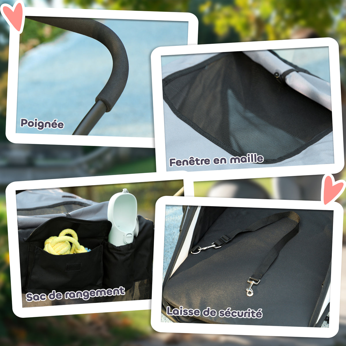 Poussette pour chien 3 roues avec pliage facile, sac de rangement, coussin souple, laisse de sécurité, gris-5
