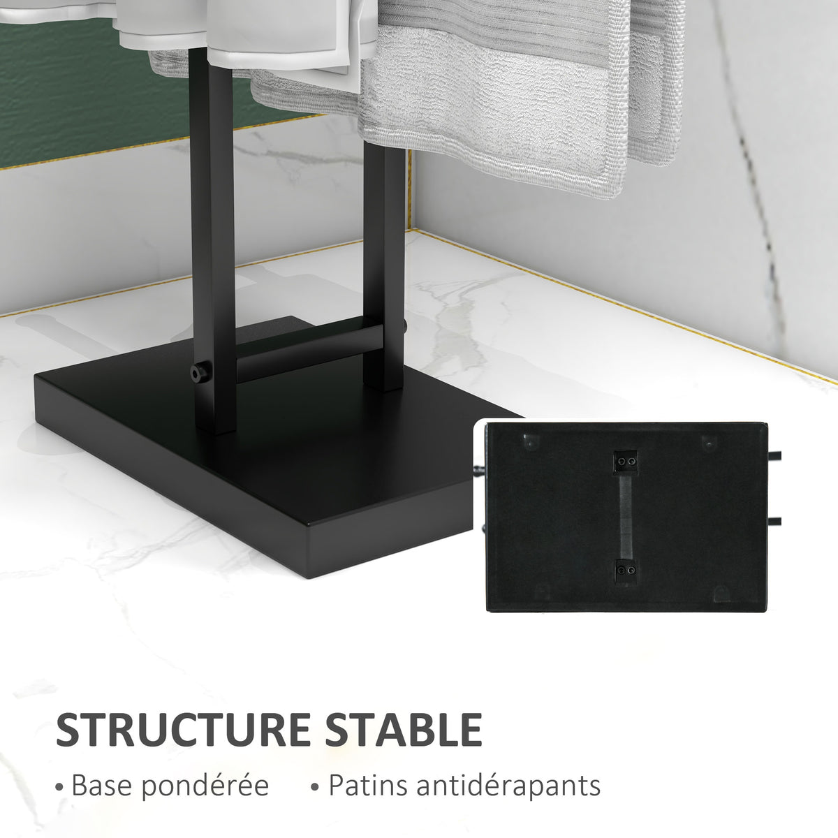 Porte-serviettes sur pied autoportant 2 niveaux en métal pour la salle de bain, dim. 50l x 18,5P x 85H cm, noir-4